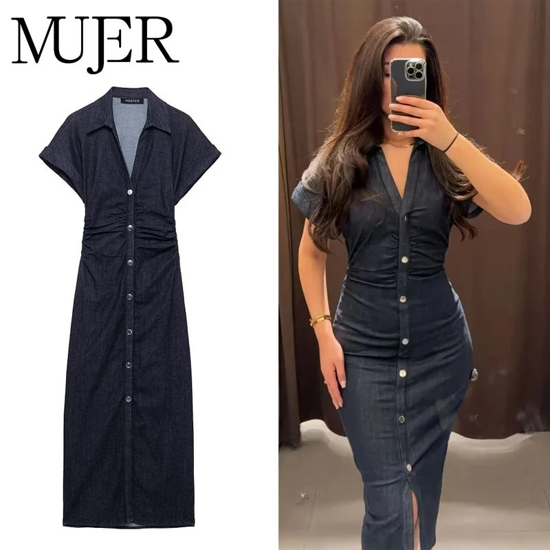 SUKIENKA JEANSOWA MUJER 2026, DŁUGA, Z GUZIKAMI, PLISOWANA, MIDI, Z KRÓTKIM RĘKAWEM, WIOSNA, NA WAKAĆ