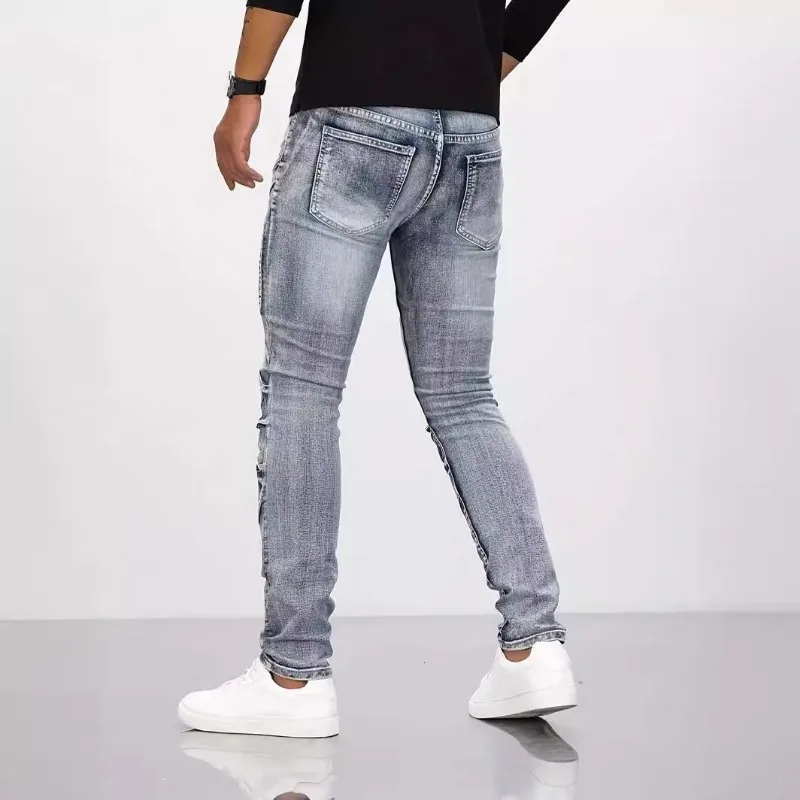 Trendy Jeans Men's Small Straight Leg Denim Design Pants New Slim Fit Small Hole Long Pants High Street Classic High Quality