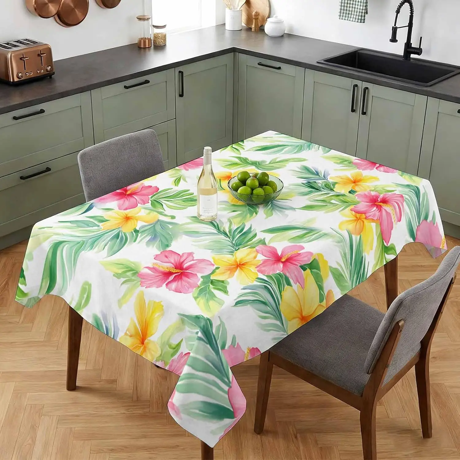 Summer Pink Flowers Green Leaves Rectangle Tablecloth for Table Decor Farm Country Plants Kitchen Dining Table Cloth Party Decor