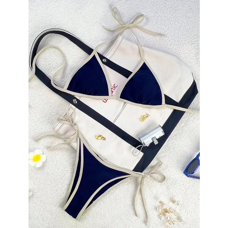 

Spring and summer women's swimsuit, thin halter suspender style, sexy resort-style side lace-up thong bikini setlvn