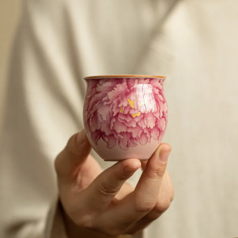 1 Pc Chinese Vintage Peony Flower Ceramic Tea Cup Handmade Ru Kiln Tea Bowl Household Master Teacup Travel Personal Teaware