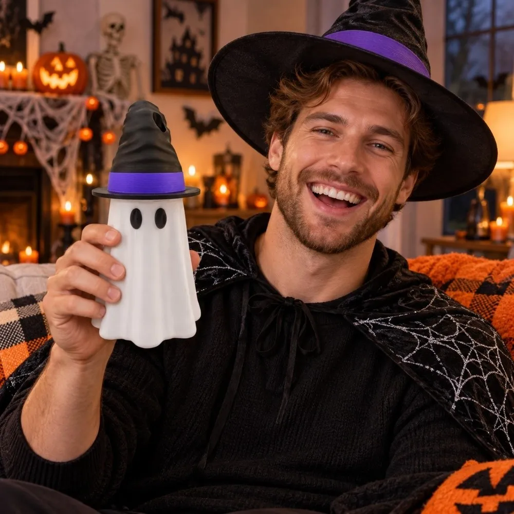3D Printed Halloween Ghost Can Holder 12 Oz Witch's Hat Ghost Beverage Sleeve Novelty Reusable Beer Can Stand Desk Ornament