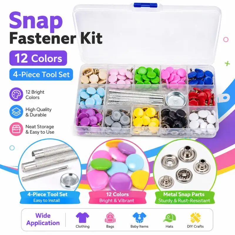 12.5mm Snap Buttons 125pcs  12 Colored with Punching Tool for DIY Crafts Sewing Accessories