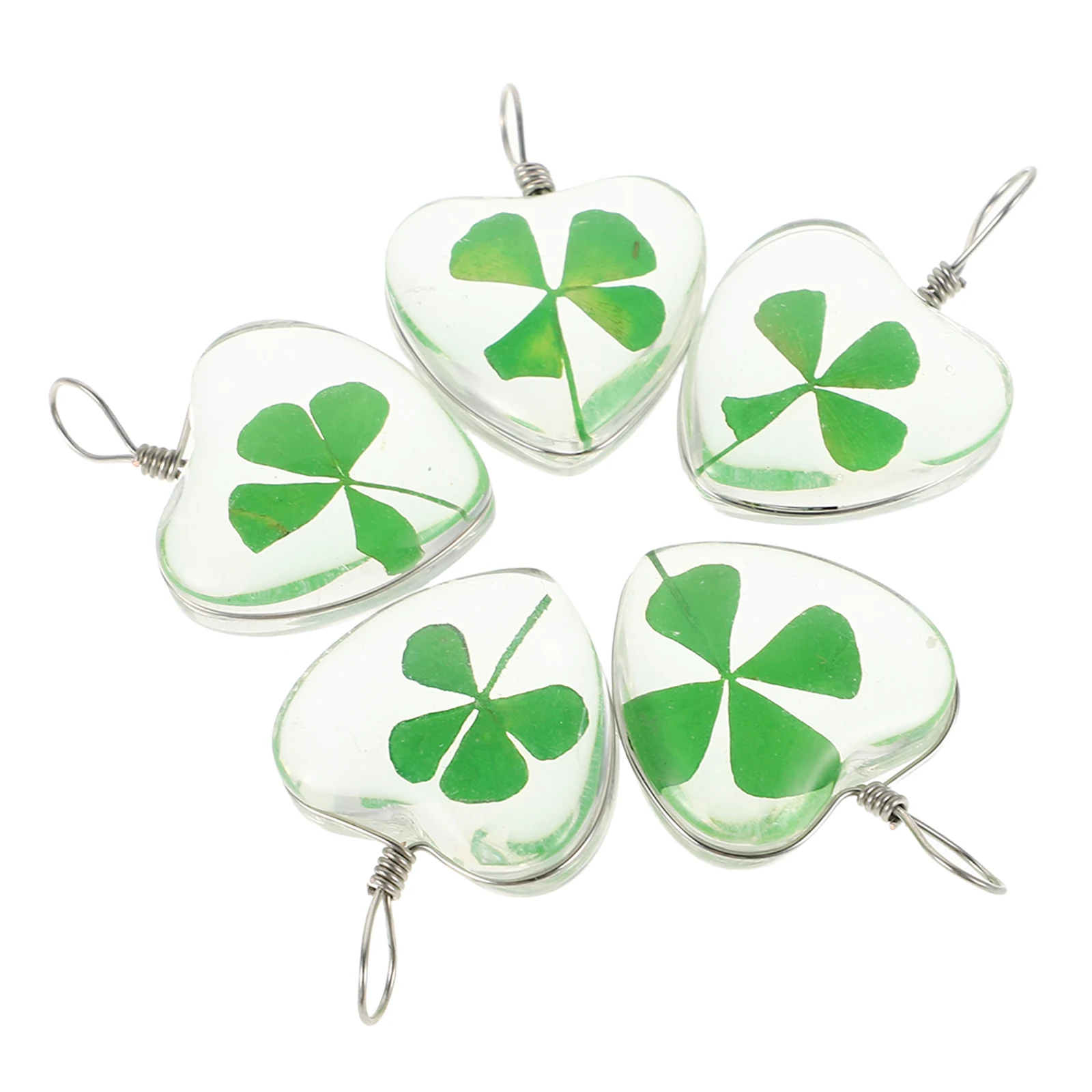 

5pcs Lucky Shamrock Glass Four Leaf Charm DIY Jewelry Making Heart Shaped Pendant Hanging Hole St Patrick's Day Dried
