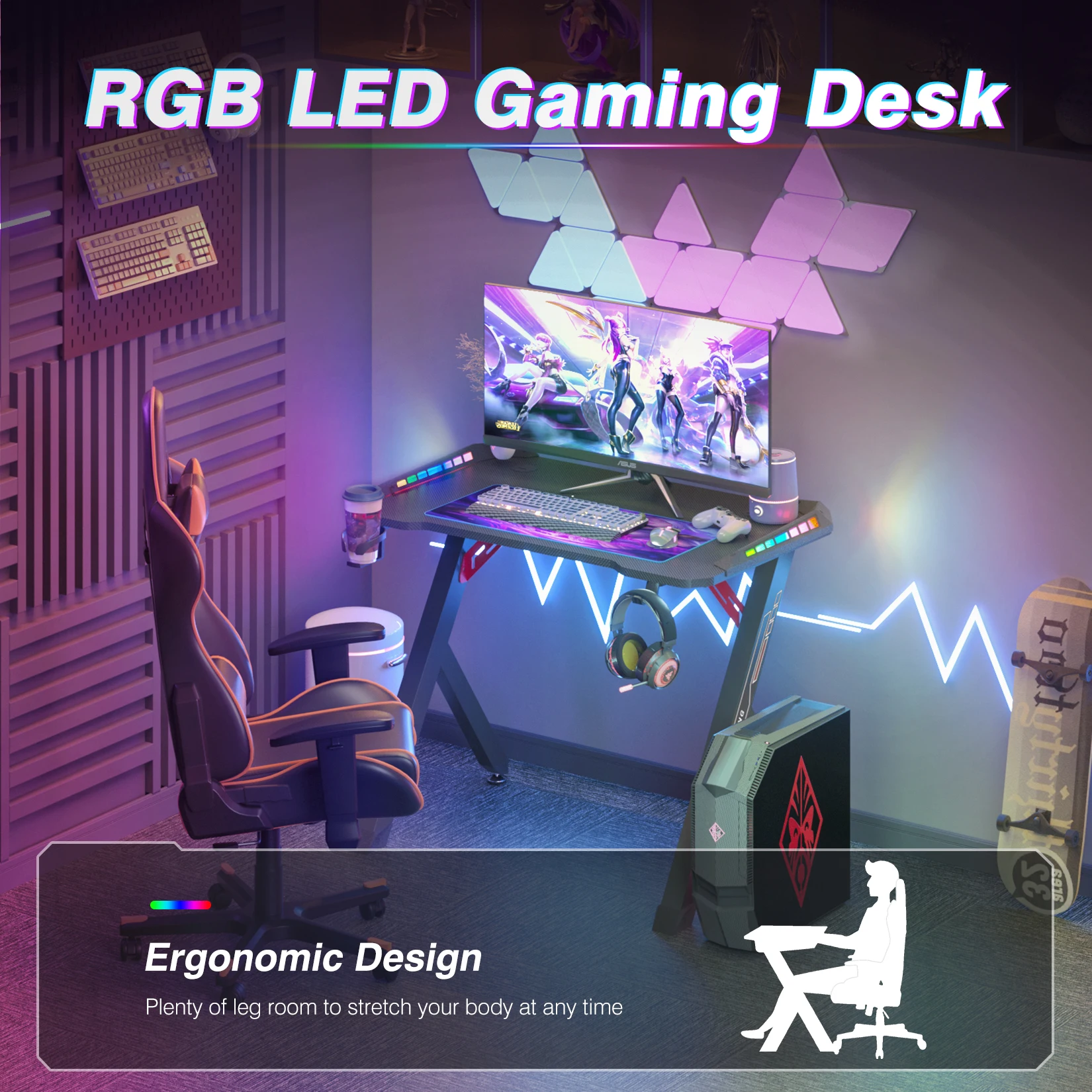 100cm/120cm RGB Gaming Desk Computer Table with LED Lights and Cup Holder