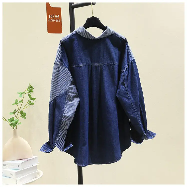 SuperAen Striped Patchwork Blue Denim Shirt Coat for Women Spring New Fashion Loose Casual Long-sleeved Cardigan Shirts