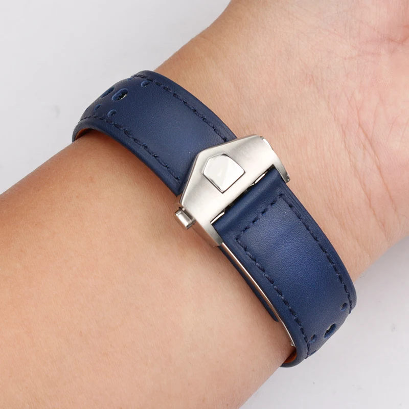 Image of Für TAG Heuer Armband Ersatz TAG Heuer Monaco Carreara Gestanztes grünes Leder Faltschließe Uhrenarmband Herren 22MM