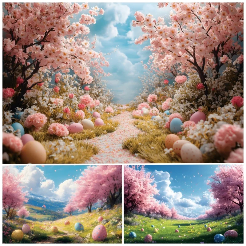 

Spring Forest Easter Backdrops Photography Bunny Eggs Pink Flowers Baby Portrait Photographic Backgrounds Studio Shoots Props