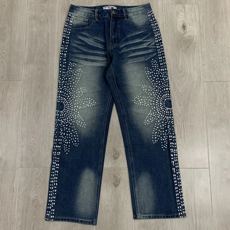 

High Quality American Retro Style Men's Blue Vale Denim Pants Glittering Sequins Fashionable Versatile Daily Wear Pants
