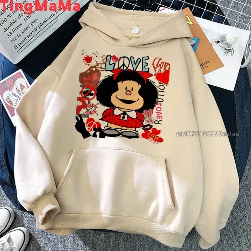 Autumn Winter Cotton Fleece Hoodie PAZ Mafalda QUIERO Cafe Printed Women Sweatshirt Spain Cartoon Pullover Men Women Clothing