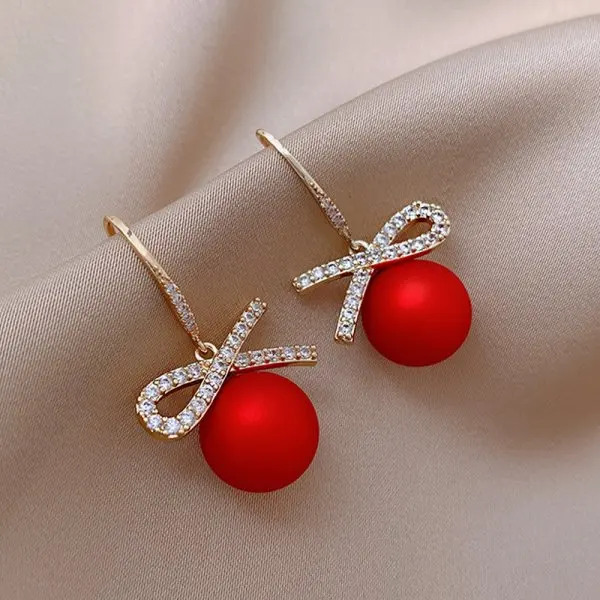 New Fashion Crystal Bow Knot Dangle Earrings For Women Red Pearl Heart Zircon Earring Christmas New Year Festival Jewelry Gifts