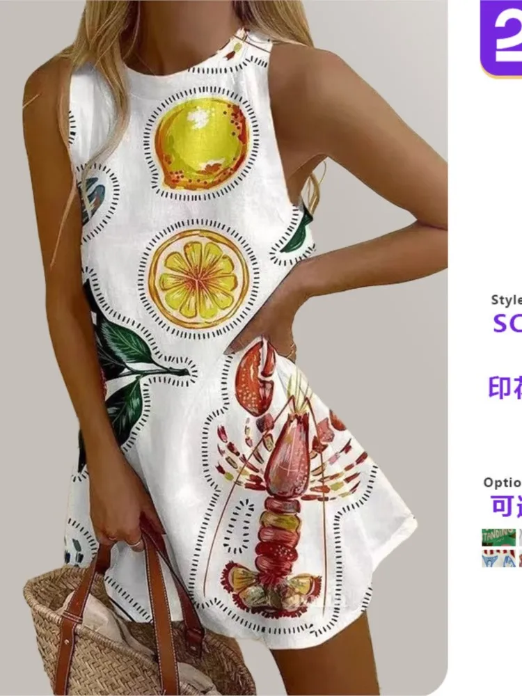 2025 여름 캐주얼 인쇄 느슨한 미니 드레스 여성을위한 패션 비치 해양 요소 드레스 o-넥 민소매 파티 드레스