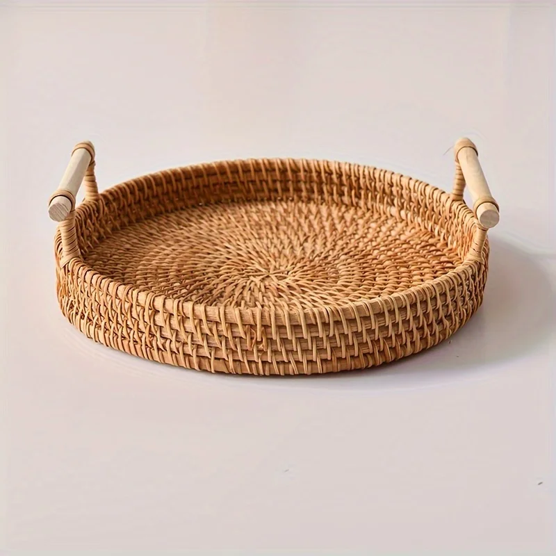 Basket, Handmade Wicker Serving Tray, Rattan Fruit Platter and Heat Insulation Pad, Rustic Farmhouse Decor, Round with Handles