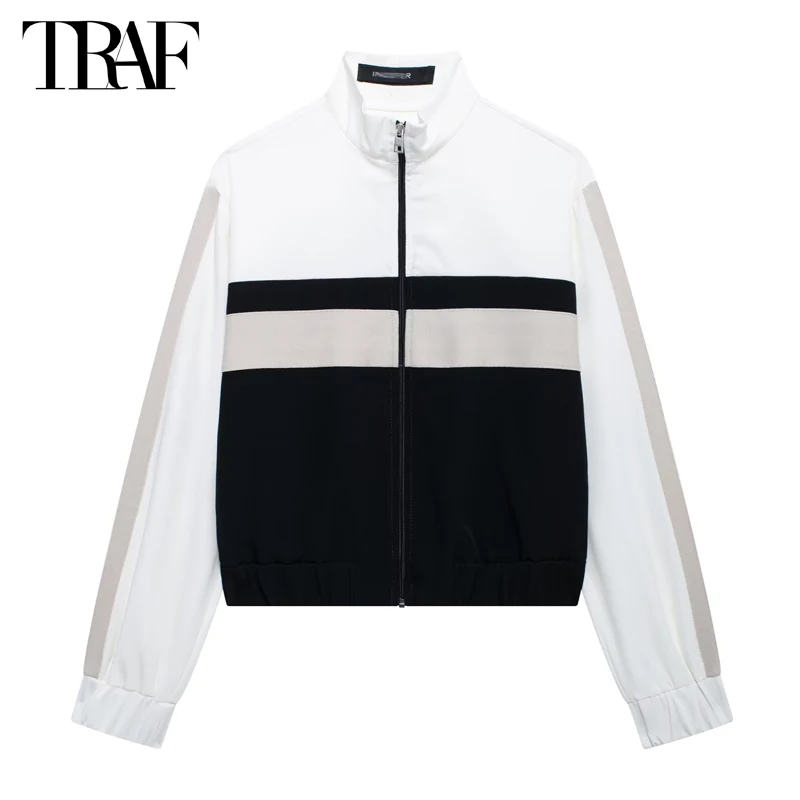 TRAF Striped Bomber Jackets for Women Coat Zipper Woman\'s Sports Jacket Long Sleeve Cropped Jacket Women Streetwear Outerwears