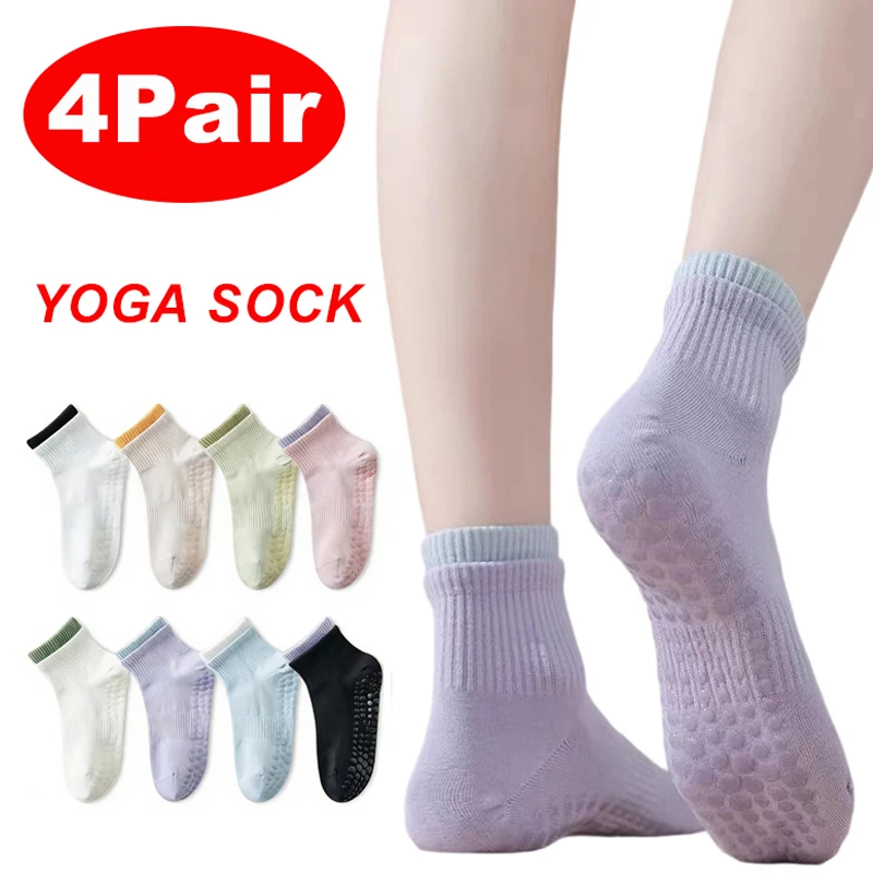 

4 Pairs Women Non Slip Yoga Socks Full Sole Silicone Grip Sock Pilates Barre Ballet Dance Socks Breathable Barefoot Workout Sock