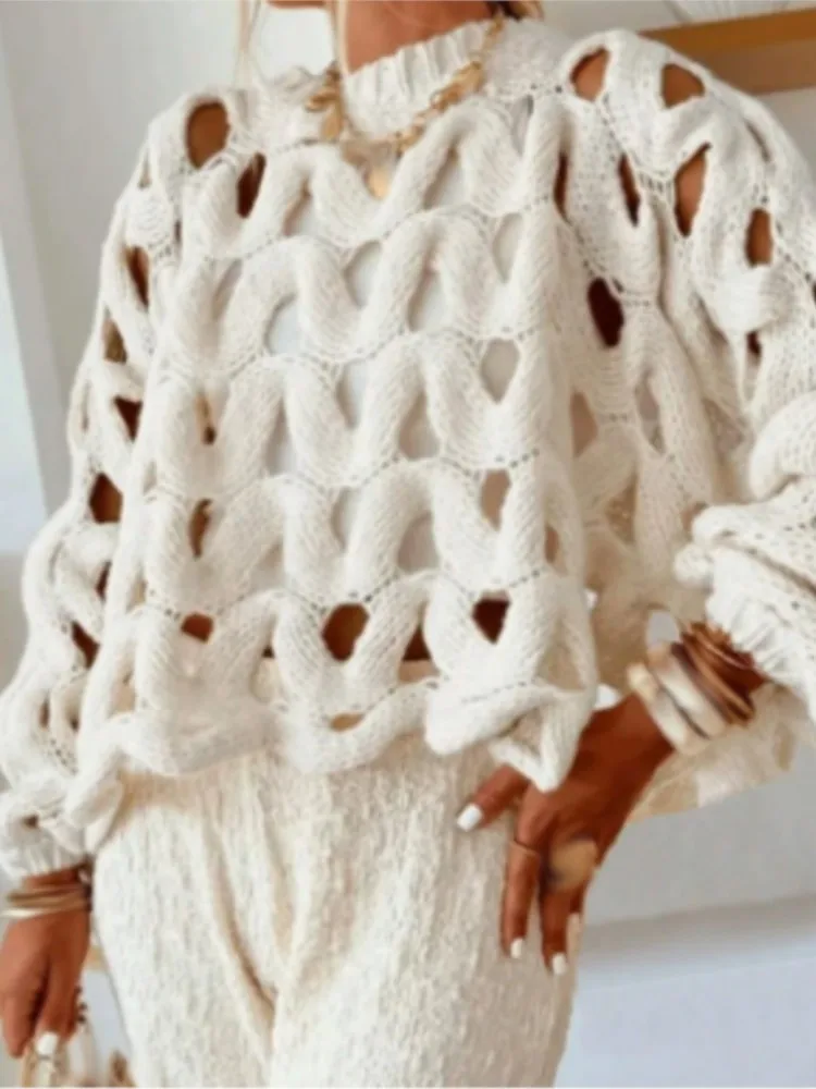 Fashion Hollow Out Sweater For Women Casual Long Sleeve O Neck Pullovers Knit Sweaters Tops Lady Holiday Women's Clothing New