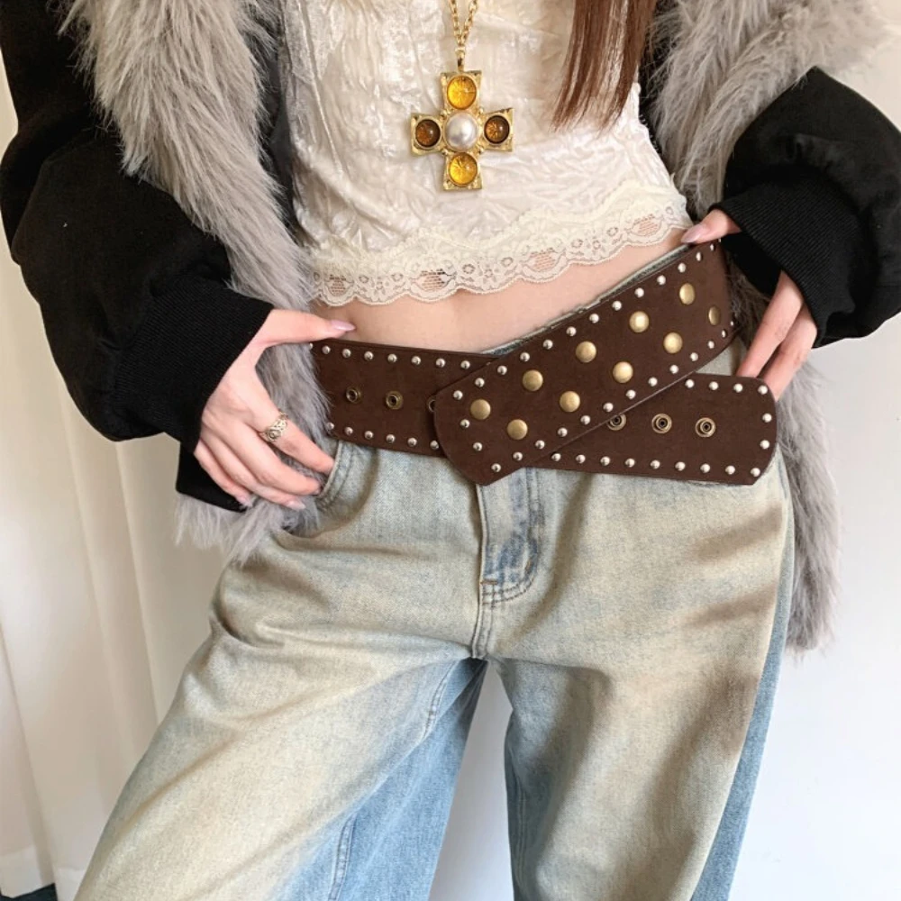 102cm Retro Punk Style Rivet Suede Belt for Women Wide Version with Sense of Design Versatile for Skirts Jeans and Leather Belt