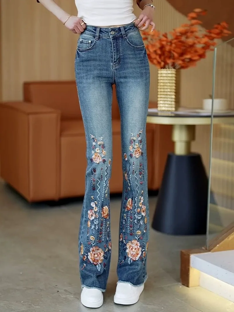 Fashion Retro Embroidered Flower Slightly Pulled Jeans Women's 2026 Summer New High-waisted Slim-fitting and Thin Flared Pants
