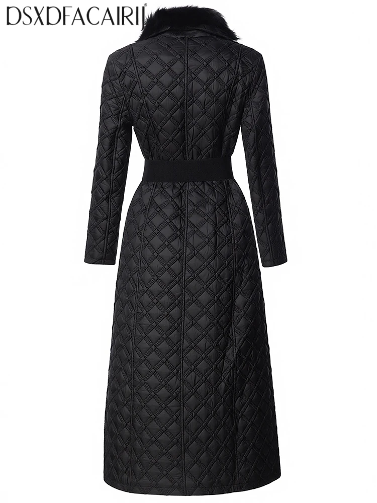 DSXDFACAIRIJ Women Color Blocking Fur Collar Long Sleeves Lace-Up High Street Double Breasted Geometric Outerwear Winter Females