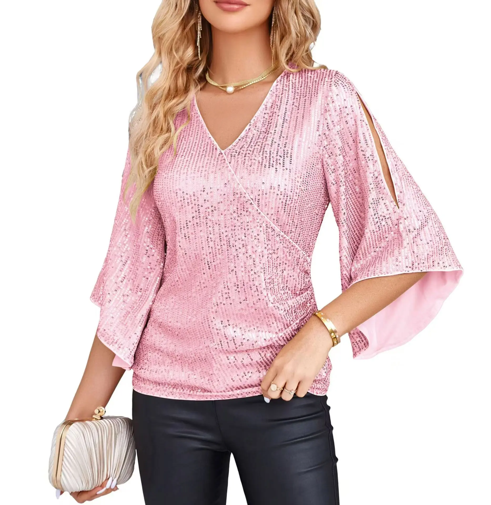 2025 New Loose Medium to Long Sequined T-Shirt Short Sleeved Pullover in Stock from Europe and America