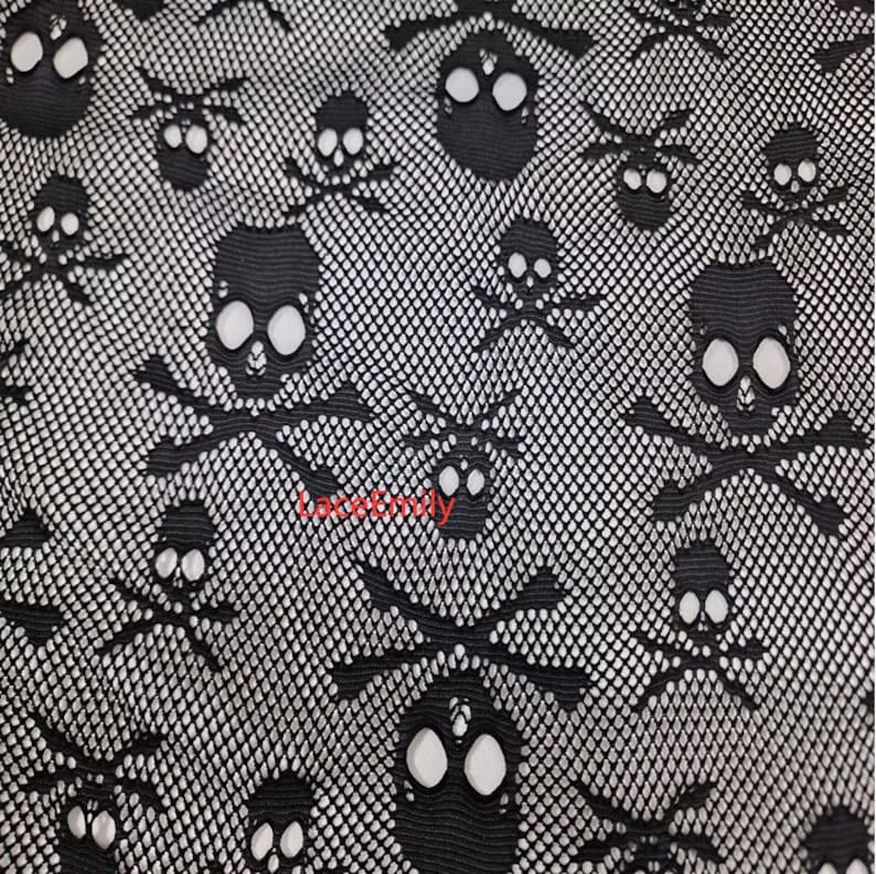 Black skull embroidery lace fabric skull pattern Hollow black Mesh Fabric for Halloween, Easter, cosplay performance costume