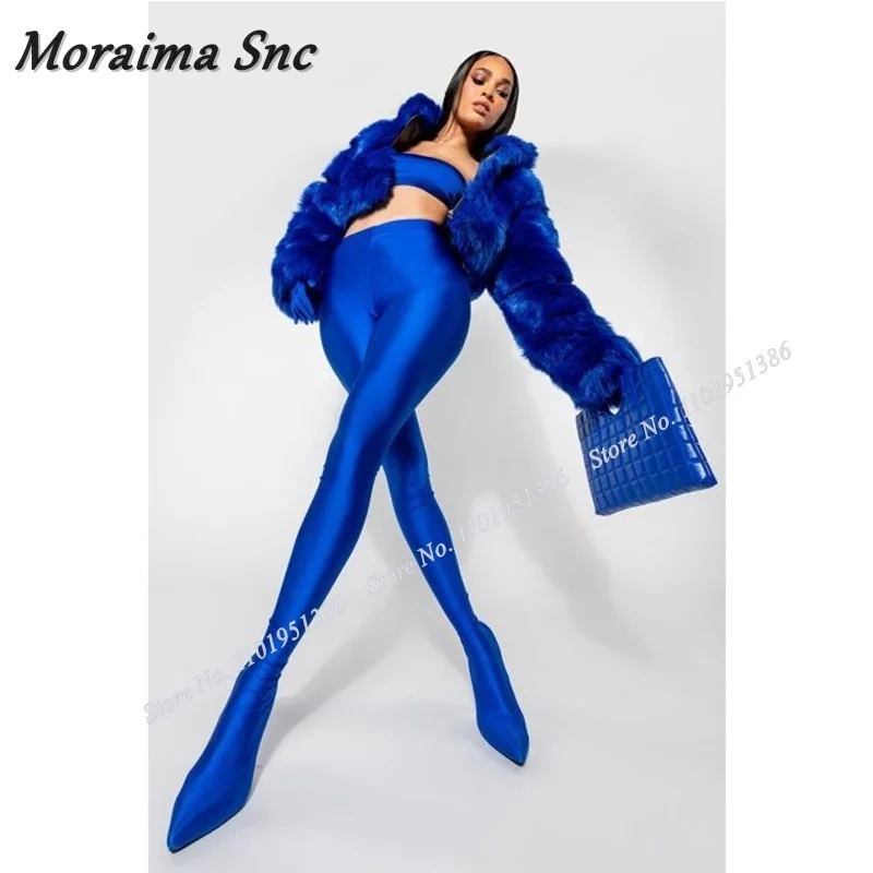 

Moraima Snc Novel Blue Elastic Band Pants Boots Over the Knee Pointed Toe Stiletto Shoes for Women High Heel Zapatillas Mujer