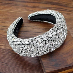 Large Silver Color Luxury Crystal Gem Headbands Padded Shiny Rhinestone Bridal Hairbands For Women Wedding Hair Accessories