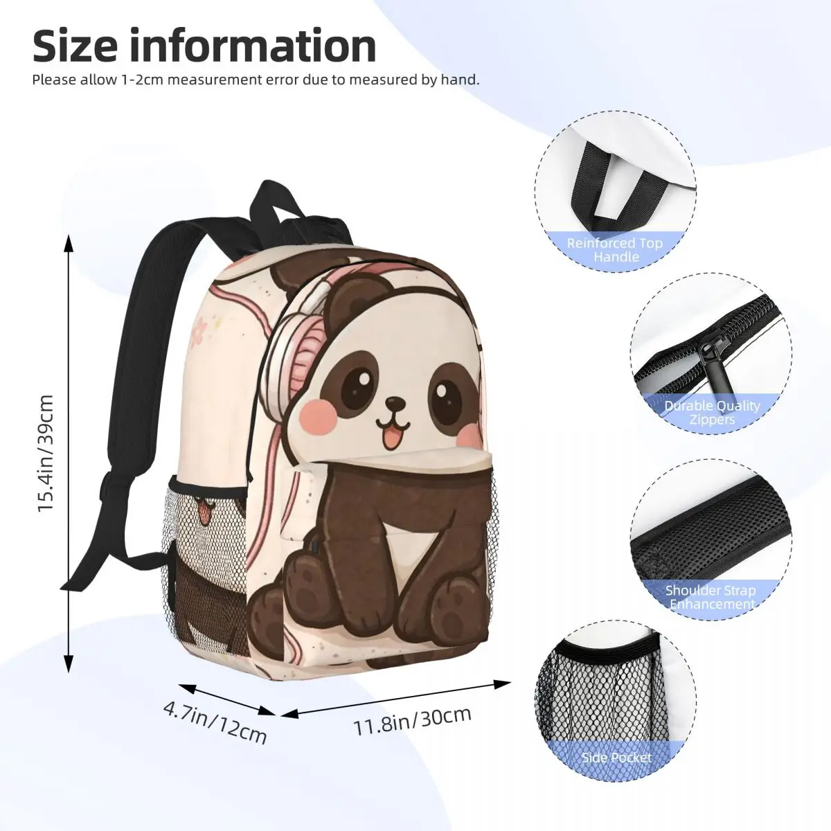 Adorable Panda With Headphones And Music Backpack Daypack Large Capacity Boys Girls BookBag Shoulder Bags for Unisex School Bag