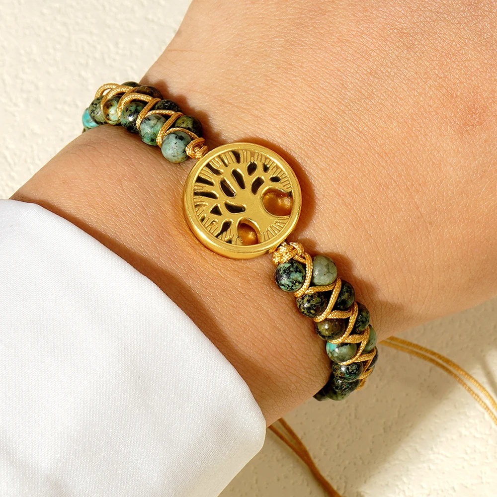 Bohemian Tree of Life Bracelet Natural Stone Beads Adjustable Woven Rope Bracelets Retro Handmade Ethnic Jewelry for Women Gifts