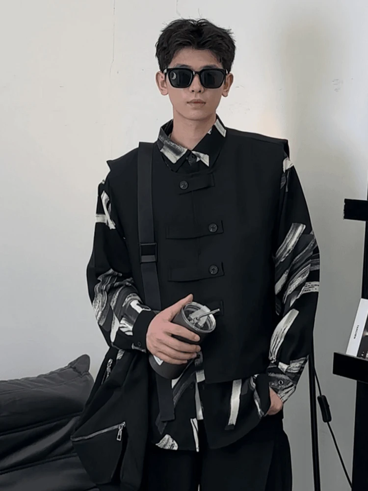 

Men's High-End Faion irt And Vest Set Cool Autumn Trend Two-Piece Set Casual Loose Fit Long Sve Color Polyester