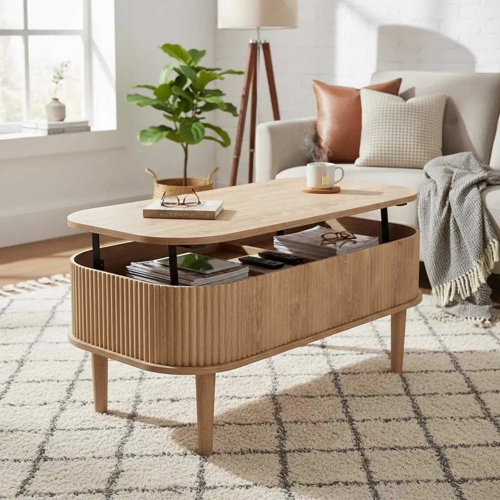 

Подъемный овальный коктейльный столик 39,4 дюйма для гостиной, офиса, зоны ресепшн, со скрытыми внутренними отсеками для хранения, декоративной отделкой с рифлением