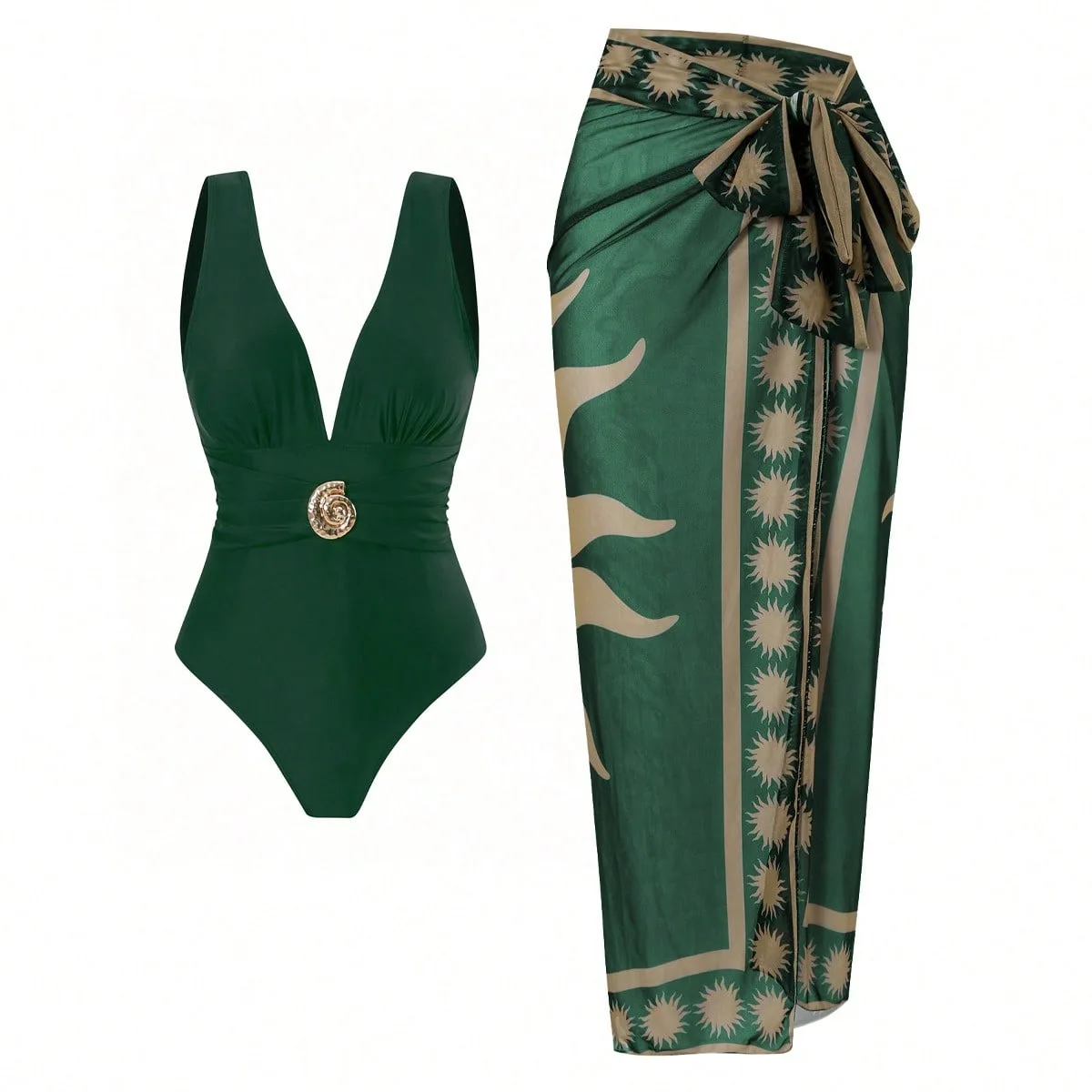 2025 traje de baño Sexy de malla con falda larga para mujer, traje de baño Vintage verde con escote en V profundo, conjunto de traje de baño de una pieza, traje de baño para playa, Monokini para vacaciones