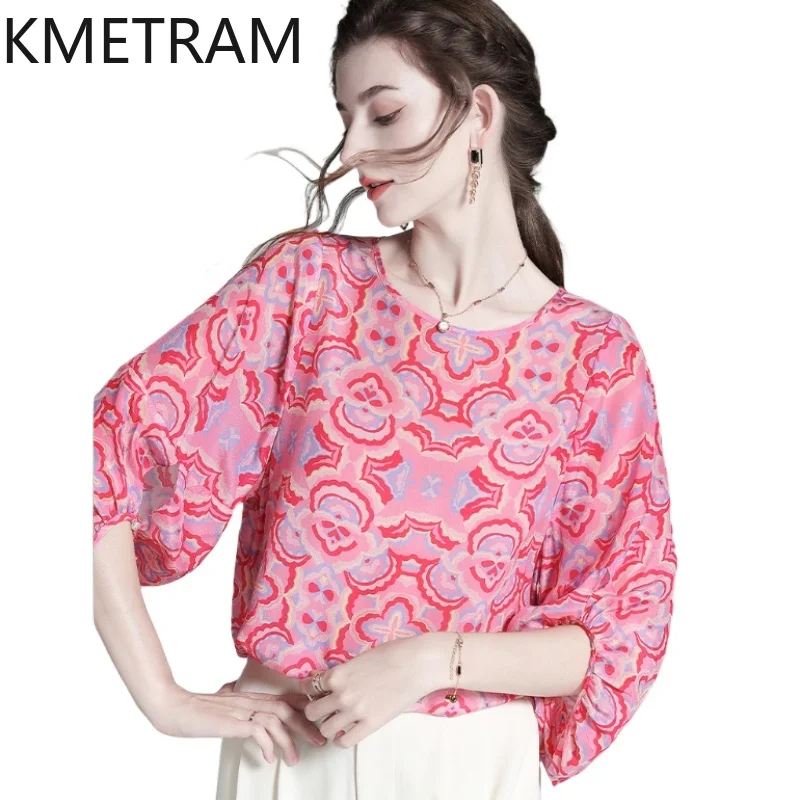 KMETRAM 100% Mulberry Silk T Shirts for Women Printed Pink T-shirt Three-quarter Sleeve Summer Tops 2026 Woman Clothes Футболка