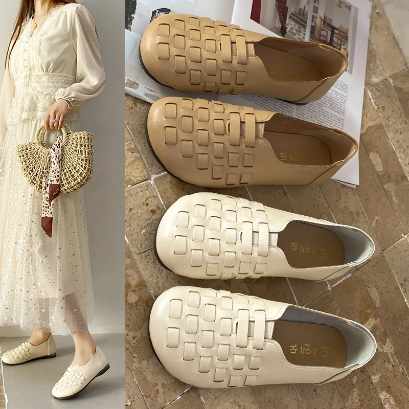 

2026 Spring and Summer New Soft Sole Soft Side Shallow Mouth Single Shoes Women's Breathable Woven Retro Women's Shoes