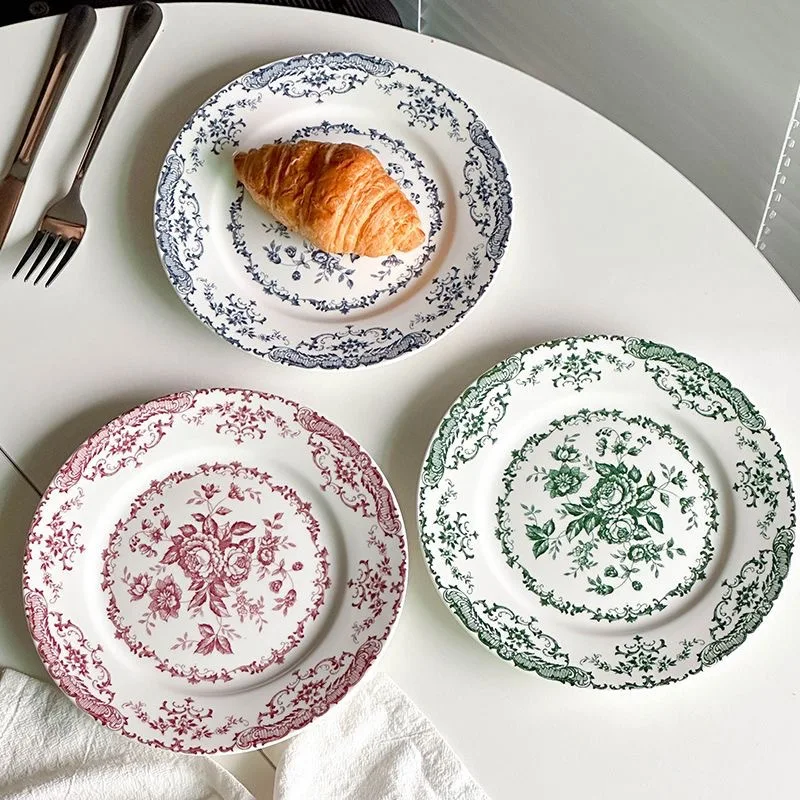 

French rose ceramic dining plate household plate classical printed overglaze colored pasta salad dessert western food plate