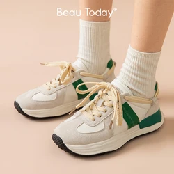 BeauToday Chunky Sneakers Women Sheepskin Patchwork Pig Suede Lace-Up Round Toe Vulcanized Sole Ladies Trainers Handmade 29158