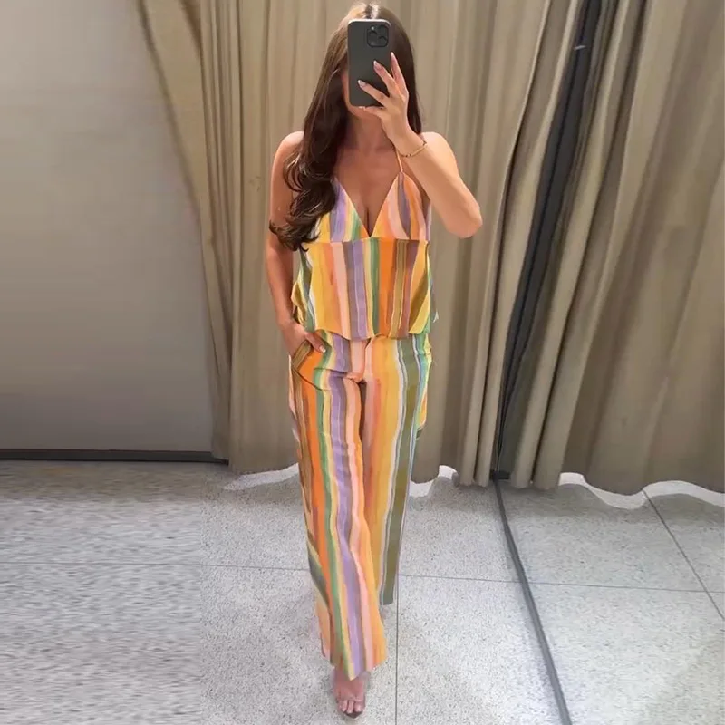 Gestreifte V-Ausschnitt Rückenfreie Crop-Tops und Hosen-Sets für Damen, Sexy Ärmelloses Schnür-Top, Midi-Taille, Weite Hosen, Schicke Damen-Outfits – Detail 9