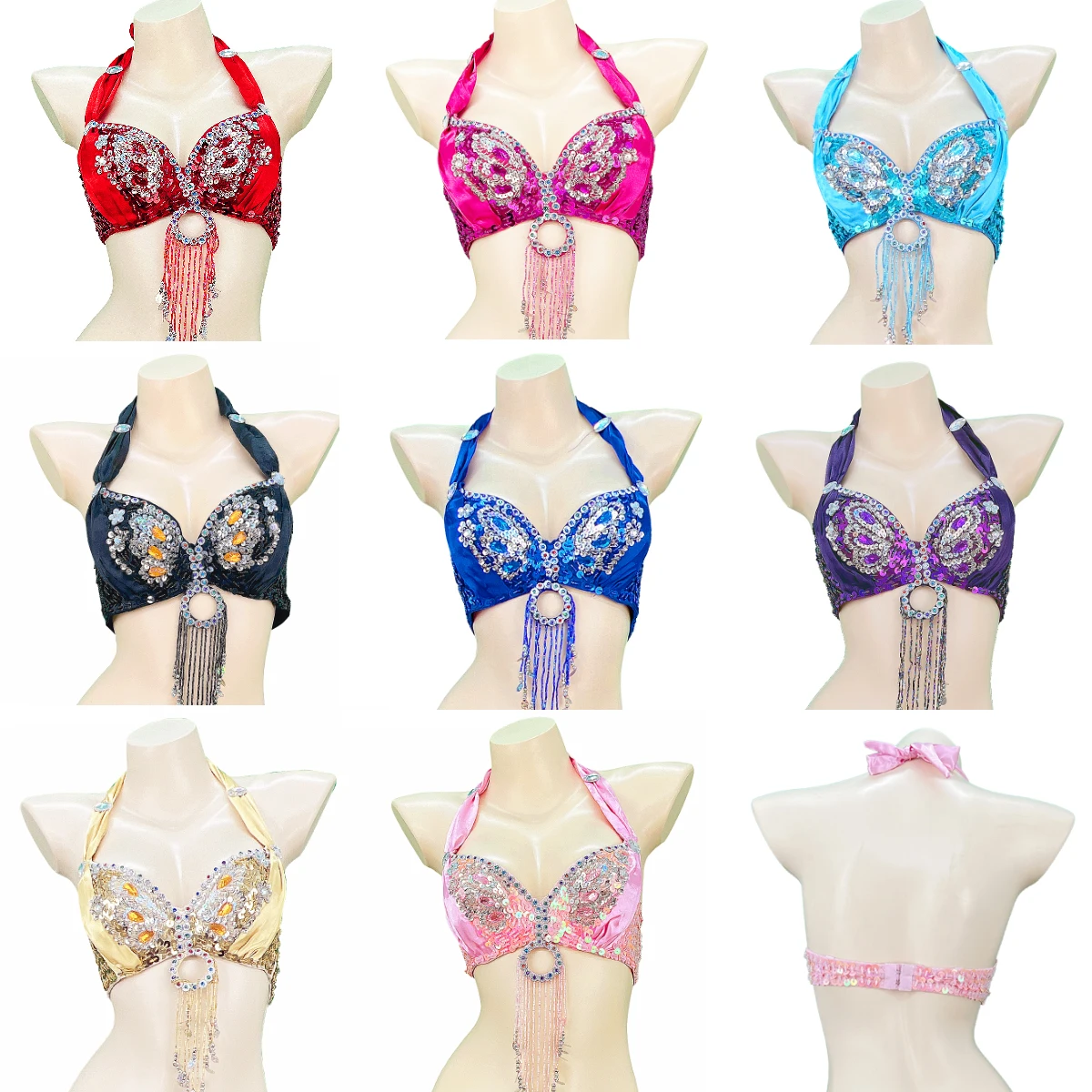 ปักเลื่อมแบบใหม่ Tassels Halter Bra Belly เต้นรำ Bra Tops Belly Dance Performance Bra สำหรับสตรี Club Party เทศกาล Rave เซ็กซี่ crop