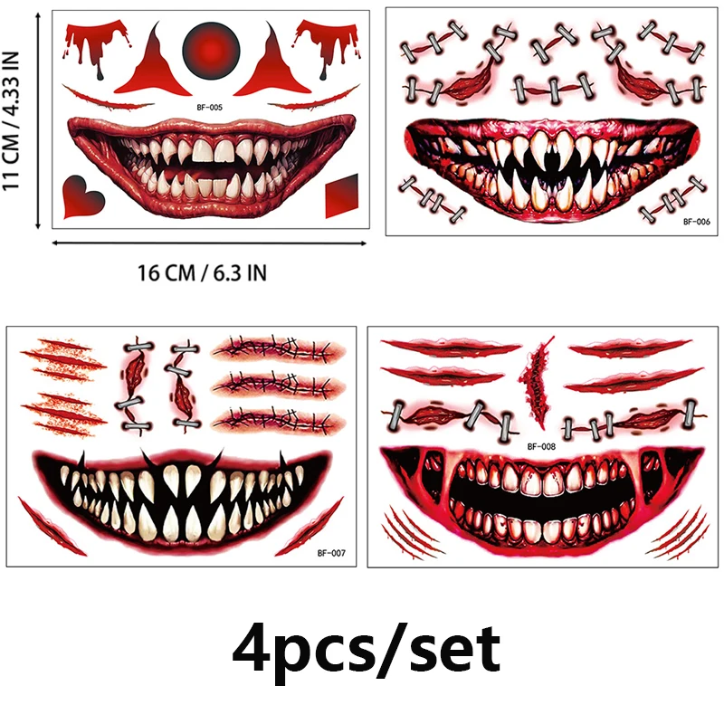 สติกเกอร์รอยสักลายปากใหญ่ฮาโลวีนสำหรับงานปาร์ตี้วันแห่งความตาย รอยสักชั่วคราวสำหรับผู้หญิงผู้ชาย บาร์กลางคืน รอยสักปลอม