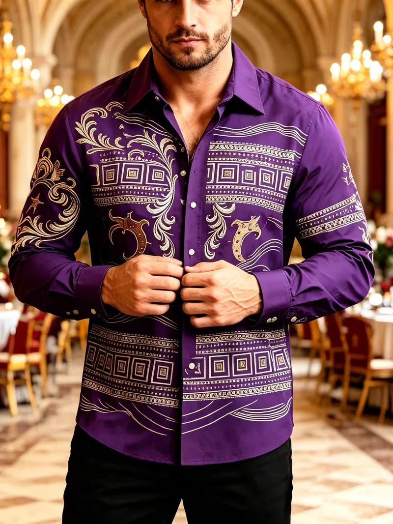 New men's colorful floral ethnic vertical border printed long sleeved shirt with smooth high gloss satin collar top
