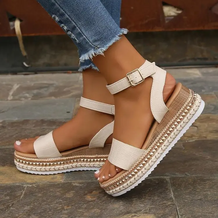 Clogs Wedge Buckle Low Sandals Woman Leather Shoes Lady 2024 Summer Heels Suit Female Beige Large Size Platform Low-heeled New S