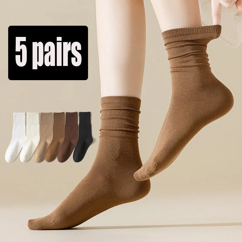 

5 Pairs Women Socks Solid Colors Medium Tube Knitted Loose Soft Solid Color Sock Breathable Cotton Simple Comfortable Girls Sox