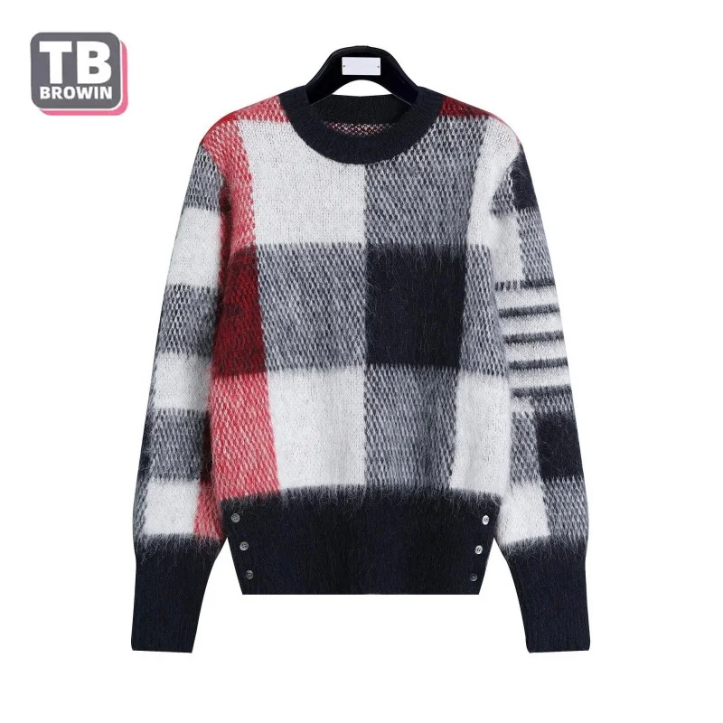 TB BROWIN Flagship-store Brand men\'s knitted sweater autumn winter round collar leisure wool striped 4-bar plaid mohair pullover