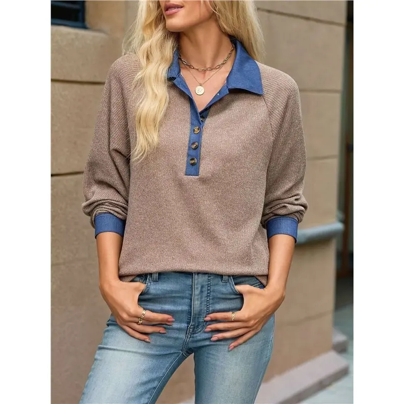 Women's Denim Contrast Collar Raglan Loose Long Sleeve Quarter Button Knit Top Brown S Eco-Friendly