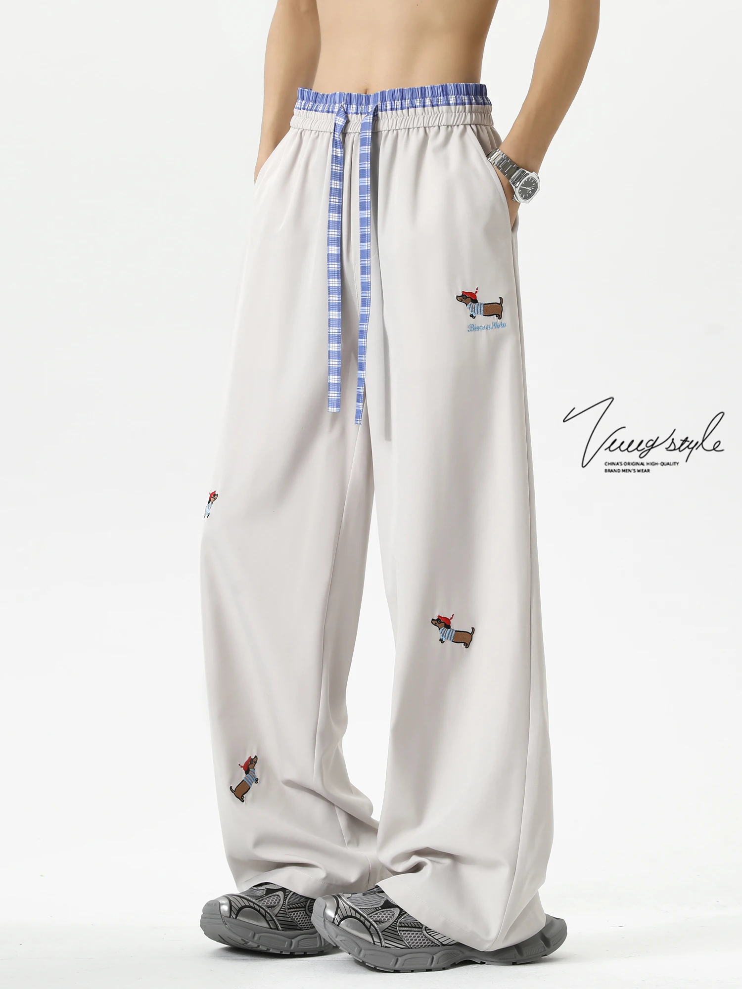 

American Sle Casual Pants Men Summer Thin Faion Loose Large Size Boys Wide Leg Straight Long Pants Embroidery Loose Fit