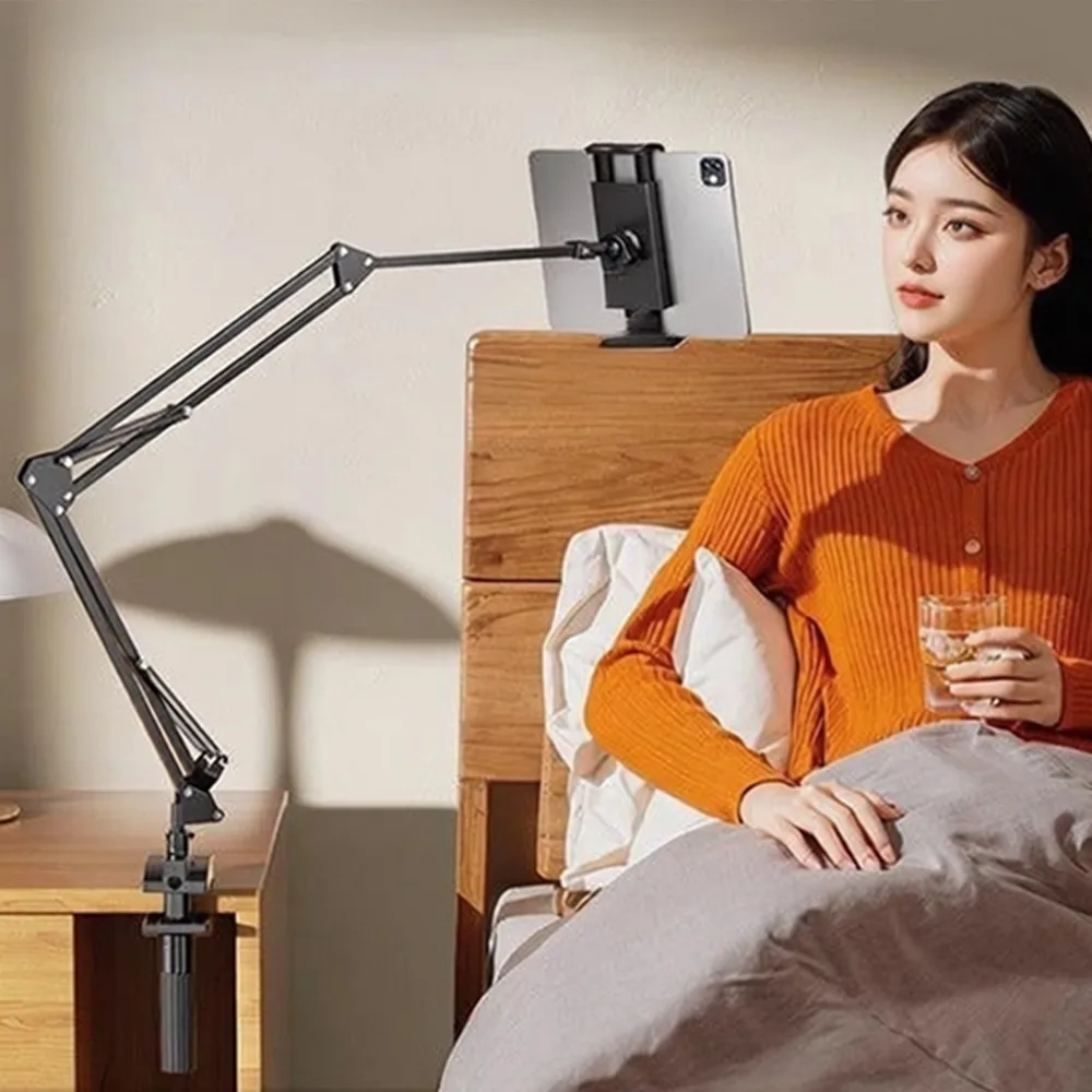 

Flexible Gooseneck Tablet Stand, Long Arm Clamp, for Bed Desk Table Kitchen Gaming, Fits IPad & Phone, 360° Adjustable, Sturdy