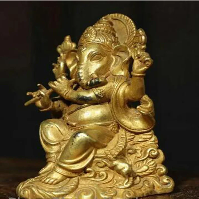 6” Old Tibetan Copper Gilt 4 Arms Ganesh Lord Ganesha God Buddha Ganesha Statue