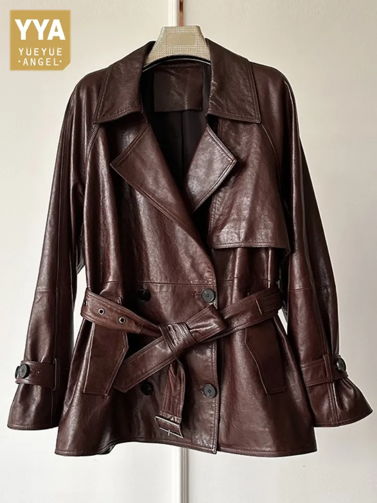 British Style Ladies Solid Color Lapel Genuine Leather Sashes Jacket Loose Single-Breasted Long Sleeves Sheepskin Outerwear