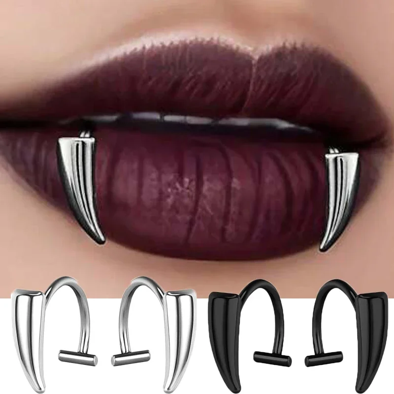 2PCS Stainless Steel Personalised Sharp Teeth Fake Piercing Lip Ring Punk Exaggerated Jewelry for Women Gothic Body Jewelry image 2
