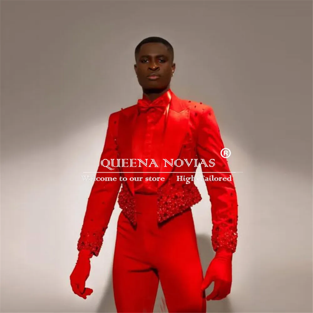 

Уникальные дизайнерские красные костюмы для мужчин, индивидуальные блейзеры для выпускного вечера с кристаллами и бисером, мужские модные костюмы из 2 предметов, свадебные смокинги, костюмы homme 2025